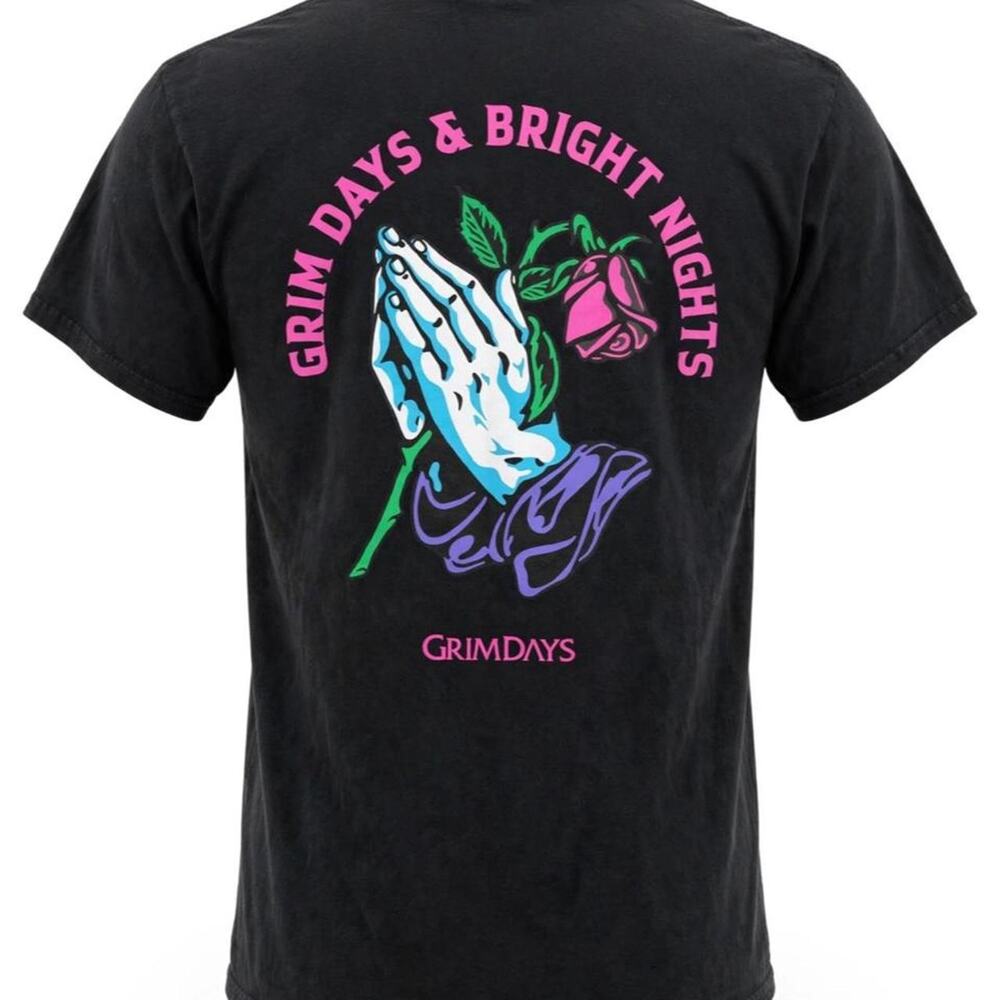 Grim Days Mens Black T Shirt Grim Days & Bright Nights Praying Hands Rose Size L